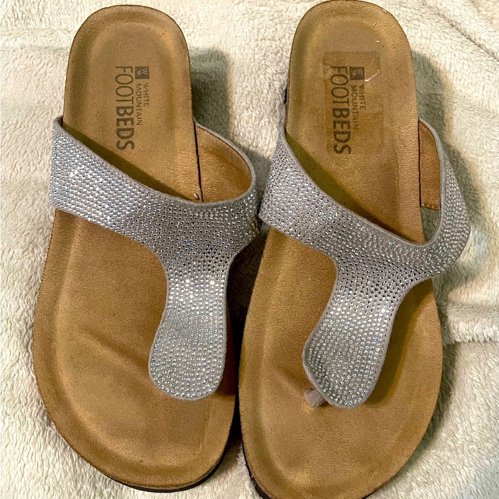 Rhinestone white mountain wedge thong sandals women’s size 9M